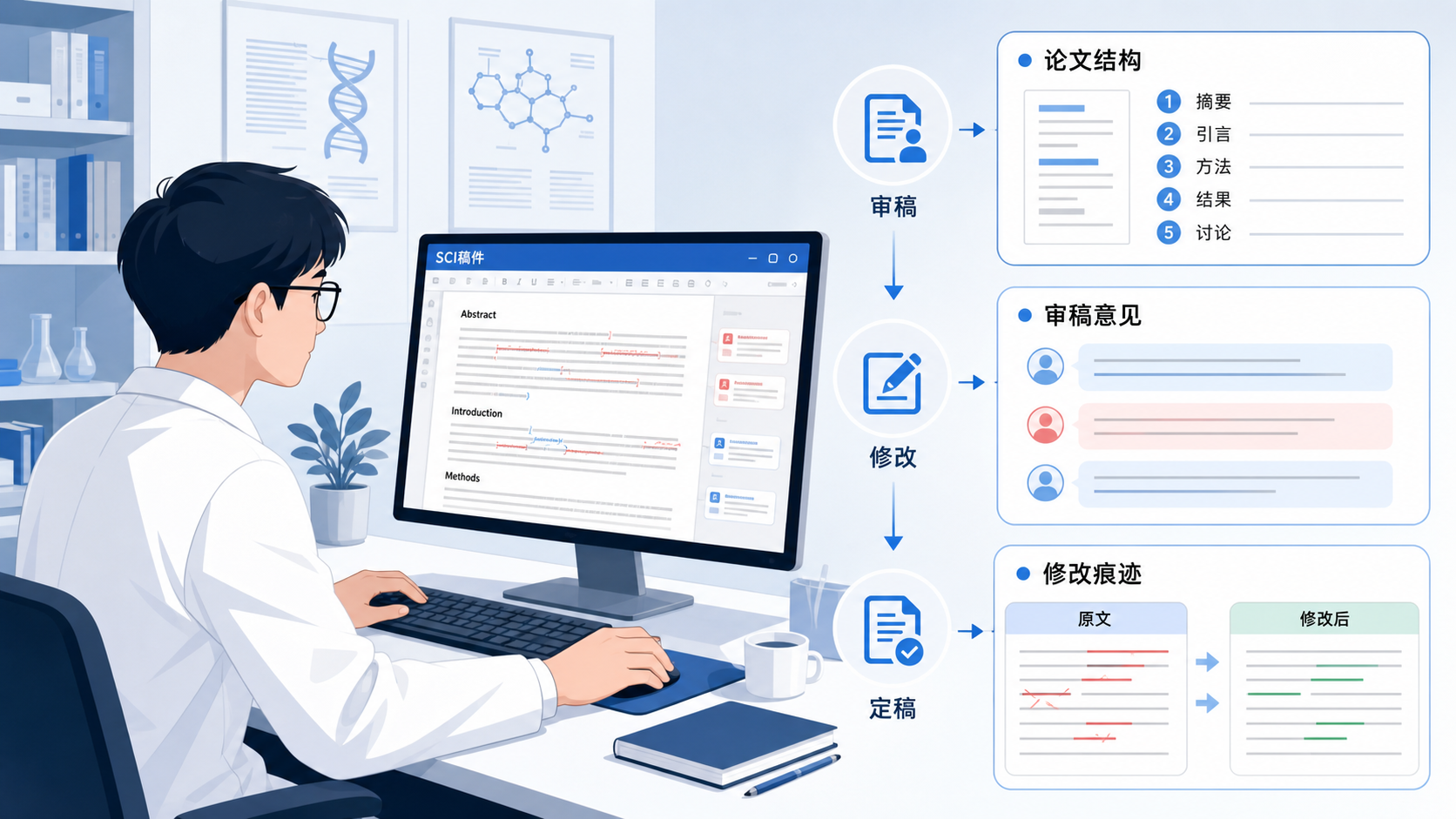 科研人员在电脑前修改SCI稿件，旁边展示论文结构框架、审稿意见和高亮修改痕迹的学术写作场景