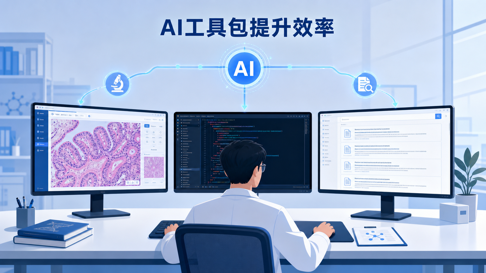 一位科研人员在电脑前同时查看病理切片图像、代码界面和文献检索结果,画面突出“AI工具包提升效率”的科研场景