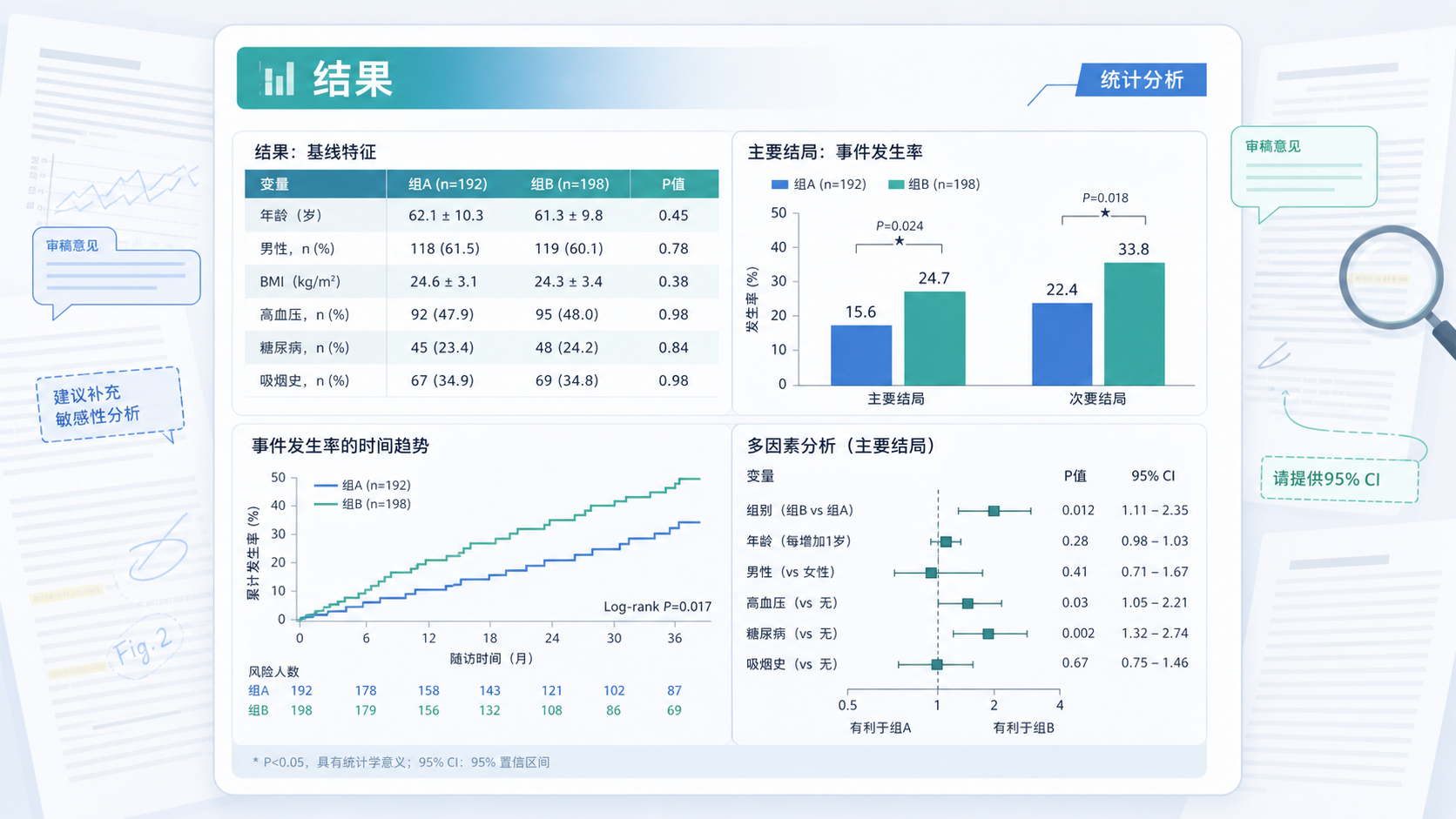 一张SCI论文结果部分的示意图，突出表格、图形、P值和置信区间等关键数据元素，背景为审稿批注与放大镜，体现“结果表达规范”主题。