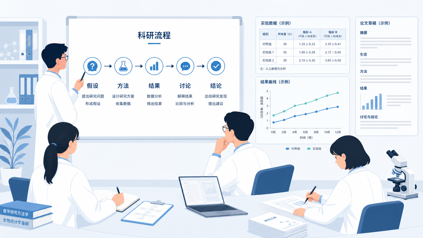 科研人员在白板前梳理“假设-方法-结果-讨论-结论”流程图,旁边有实验数据和论文草稿