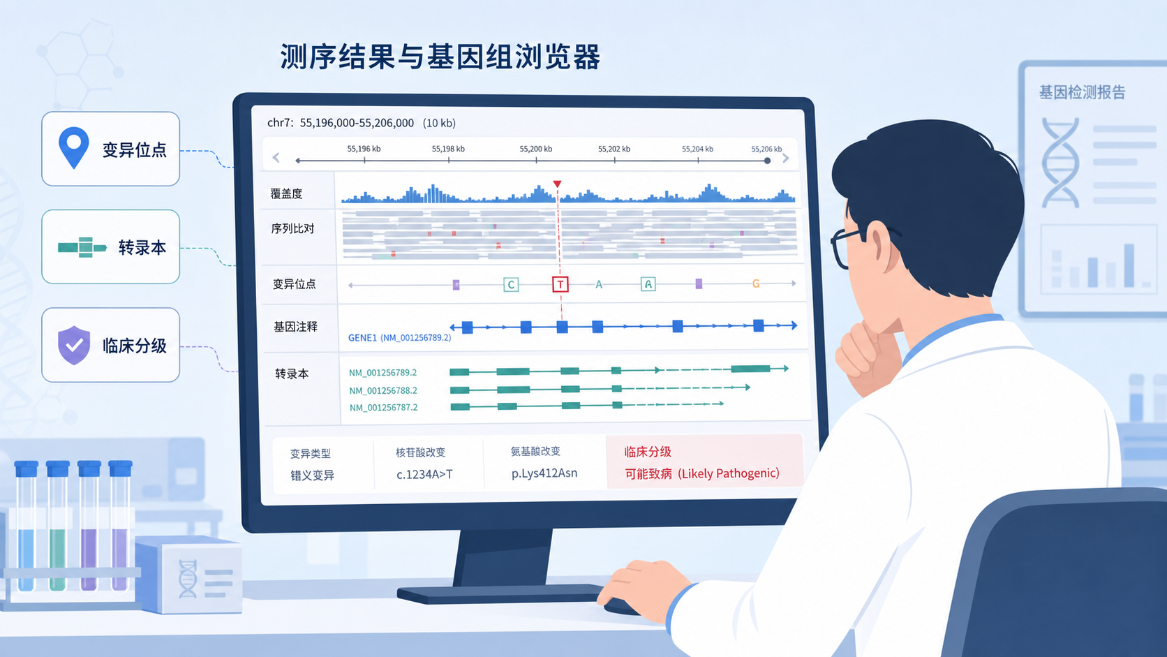 临床医生在电脑前查看测序结果与基因组浏览器界面,旁边标注变异位点、转录本和临床分级信息。