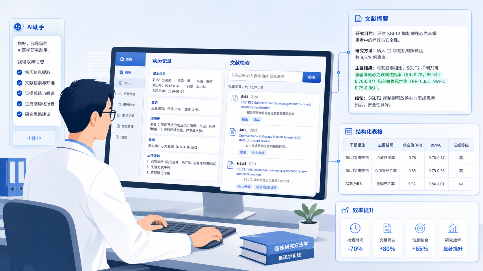 一位医生在电脑前处理病历和文献,旁边浮现AI助手界面、文献摘要和结构化表格,突出“效率提升”场景