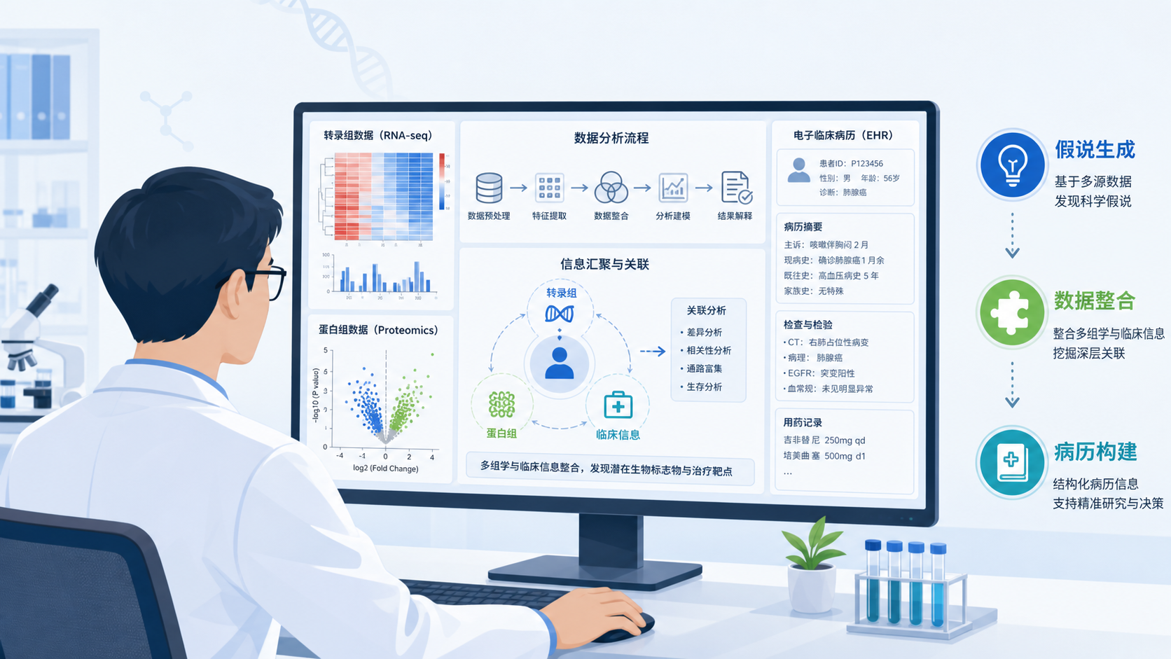 一位研究者在电脑前整合转录组、蛋白组、临床病历与流程图,旁边显示“假说生成、数据整合、病历构建”三个模块