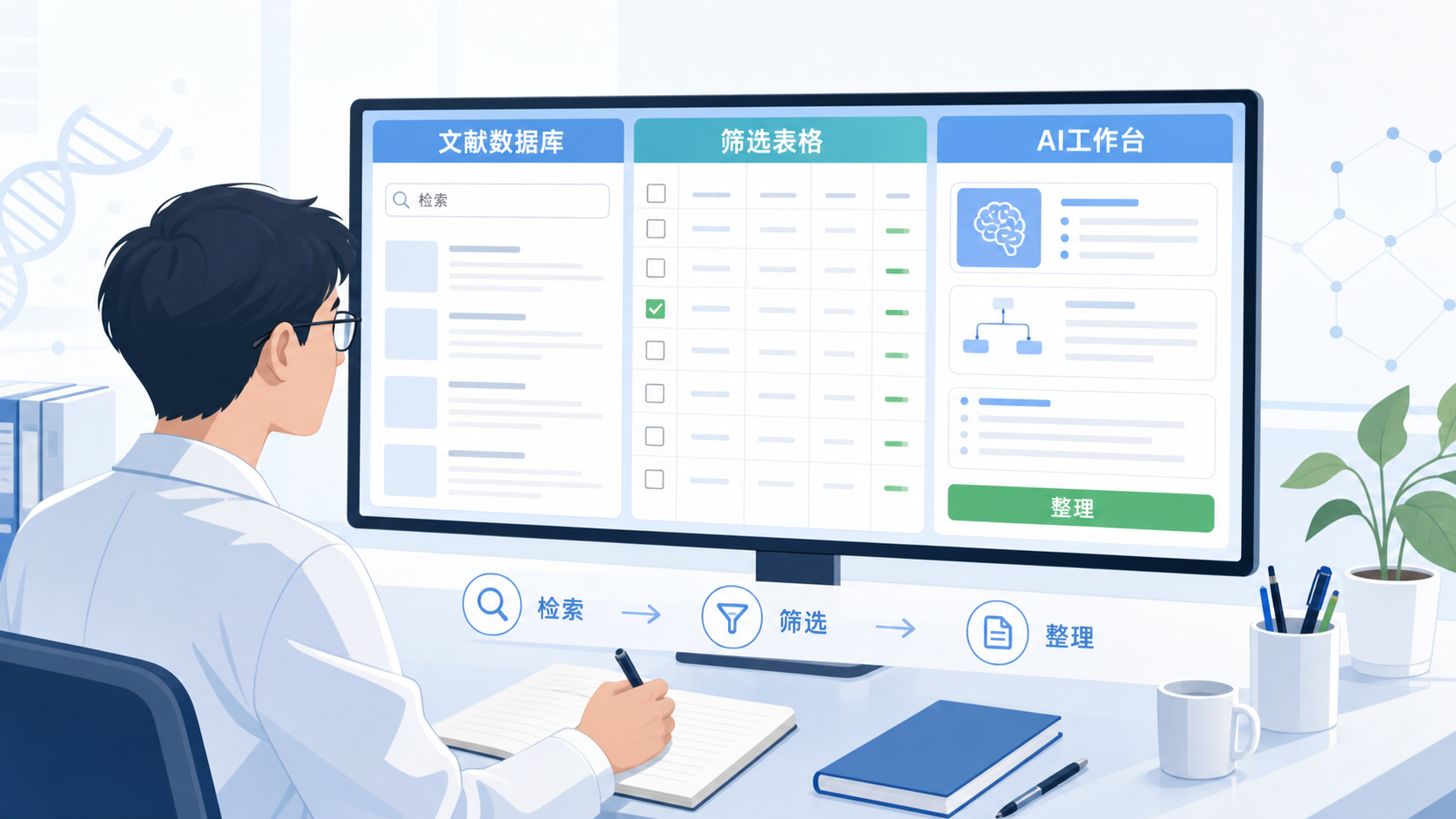 一位生物医学研究者在电脑前同时打开文献数据库、筛选表格和AI工作台,画面强调高效检索与系统整理。