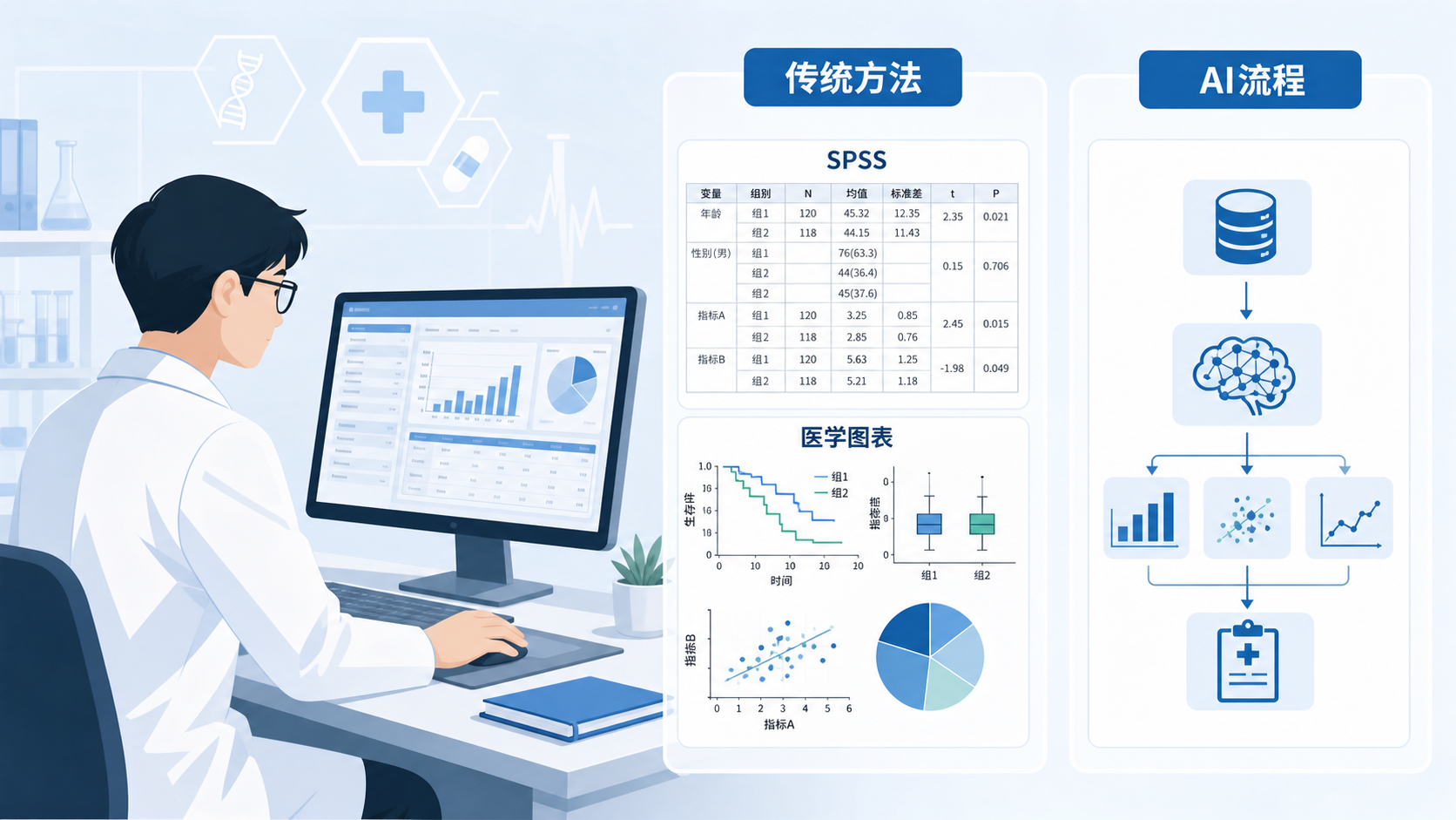 一位科研人员在电脑前处理医学数据，旁边对比显示SPSS表格、医学图表和AI生成流程图，突出“传统工具 vs AI自动化”的转换