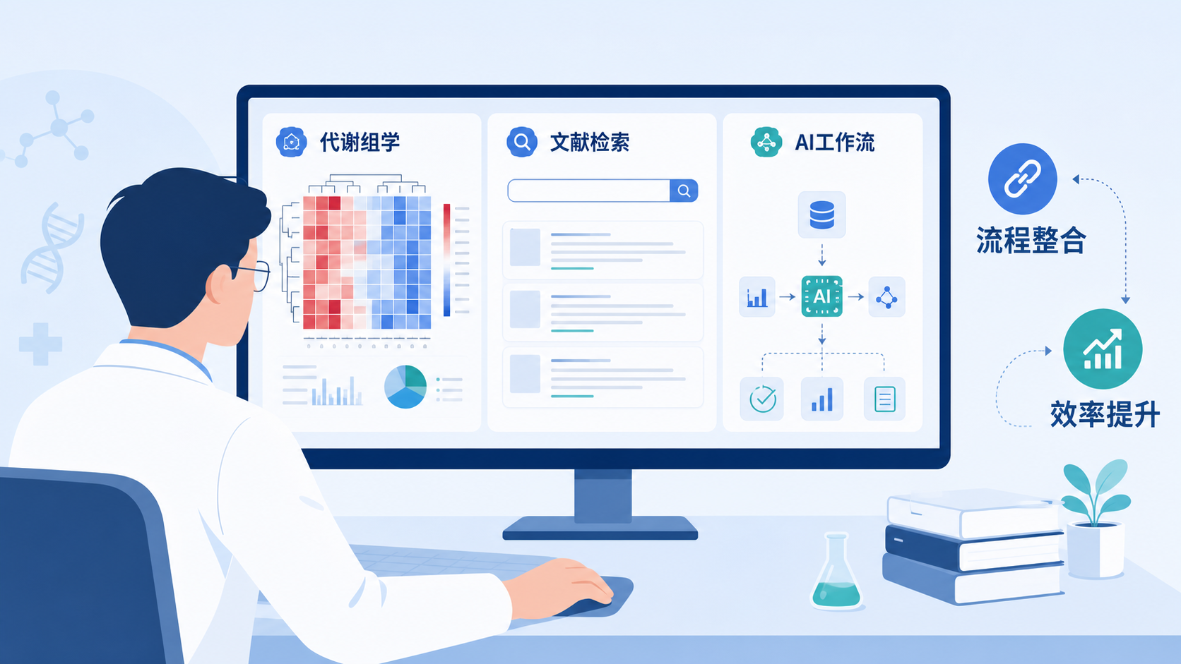 一位科研人员在电脑前同时查看代谢组学热图、文献检索界面和AI工作流面板,突出“流程整合”和“效率提升”