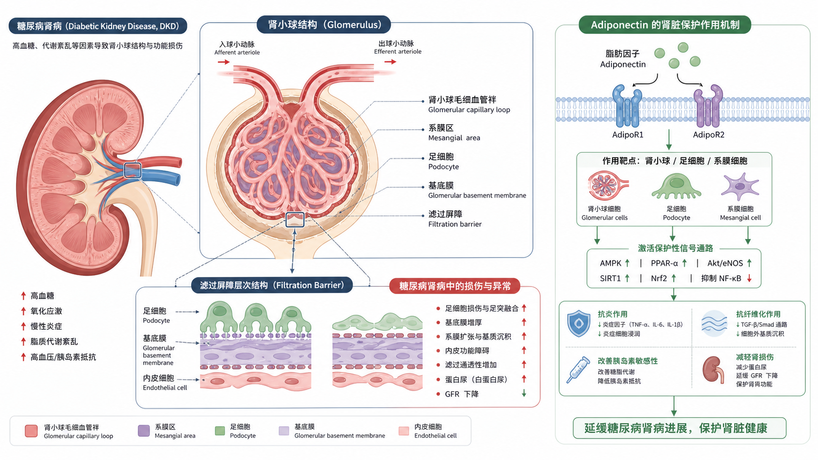 糖尿病肾病肾小球结构示意图,旁边标注脂肪因子Adiponectin及其受体在肾脏中的作用路径