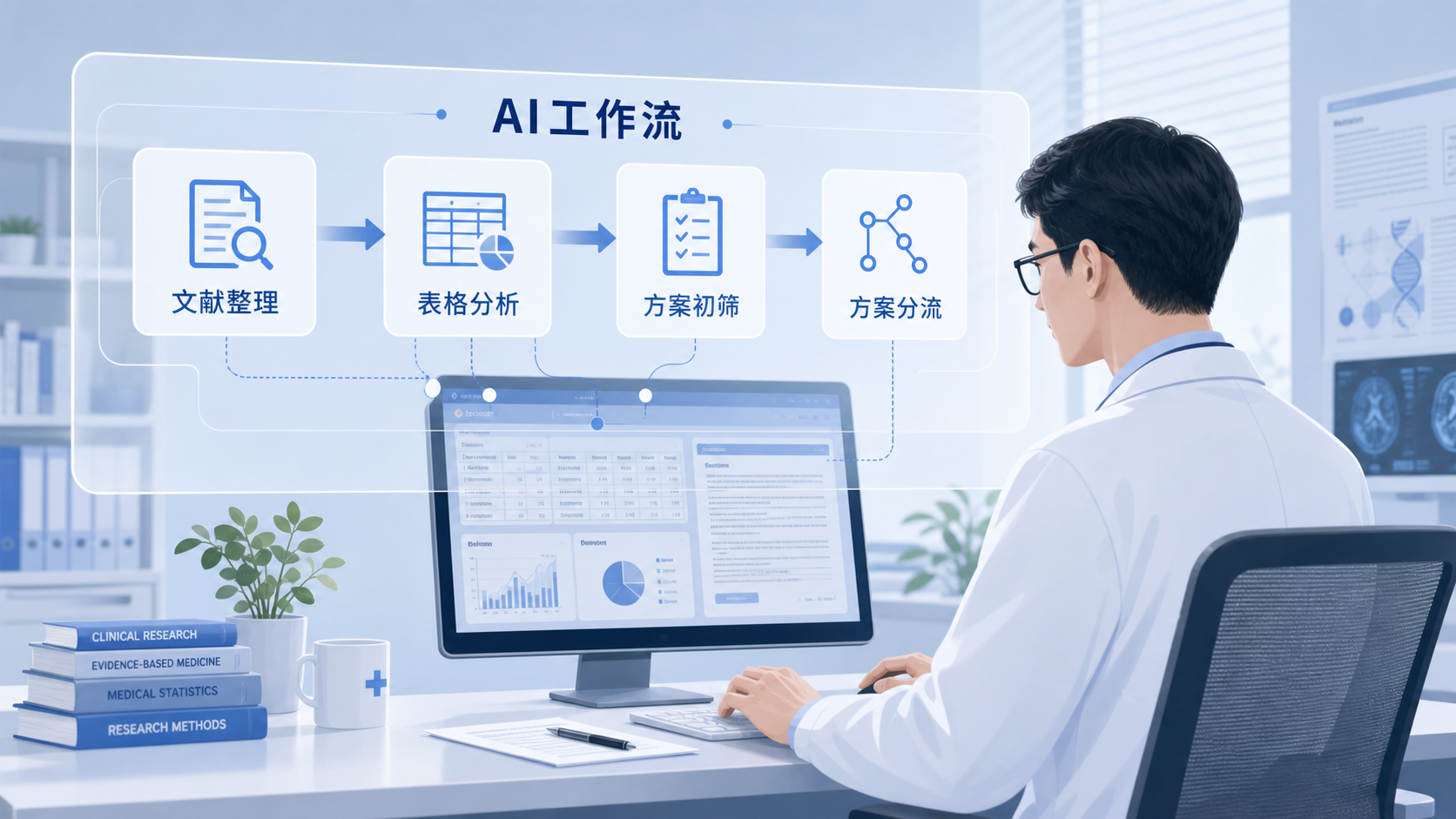 临床医生在电脑前处理文献、表格与方案,旁边叠加AI工作流界面,突出“繁琐任务被智能分流”的场景