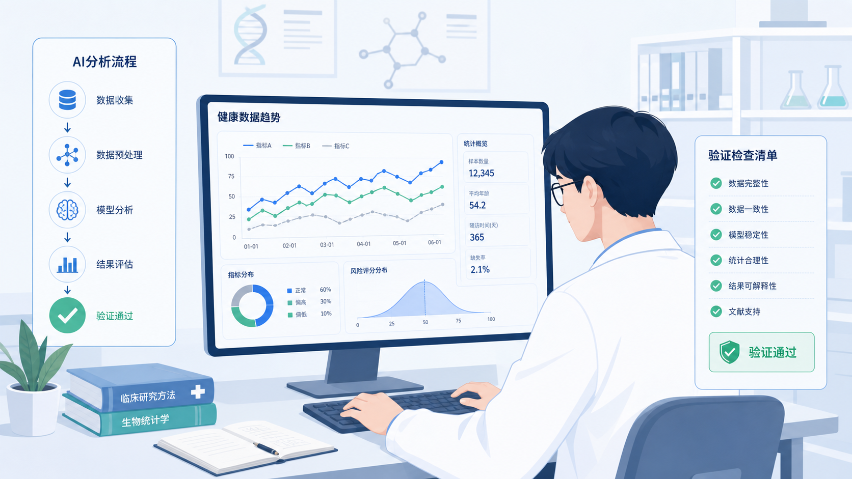 一张医学生或研究人员在电脑前查看健康数据趋势图,旁边显示AI分析流程和验证检查清单的专业场景图