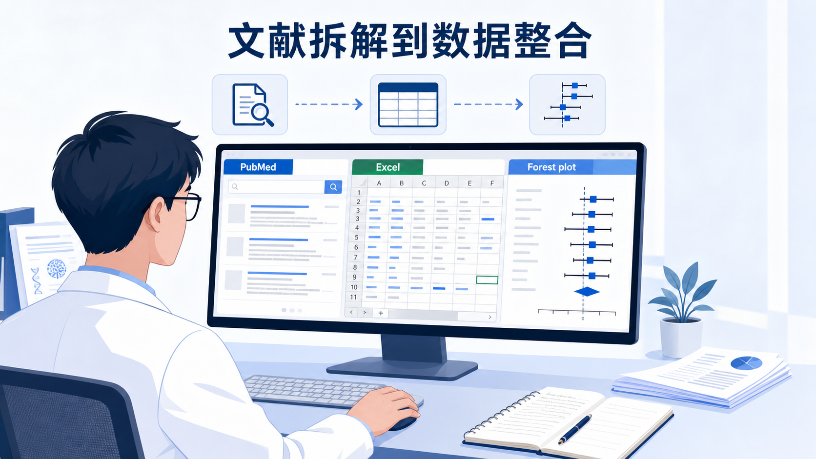 一位科研人员在电脑前同时查看PubMed检索结果、Excel数据表和森林图,画面强调“文献拆解到数据复现”的工作流