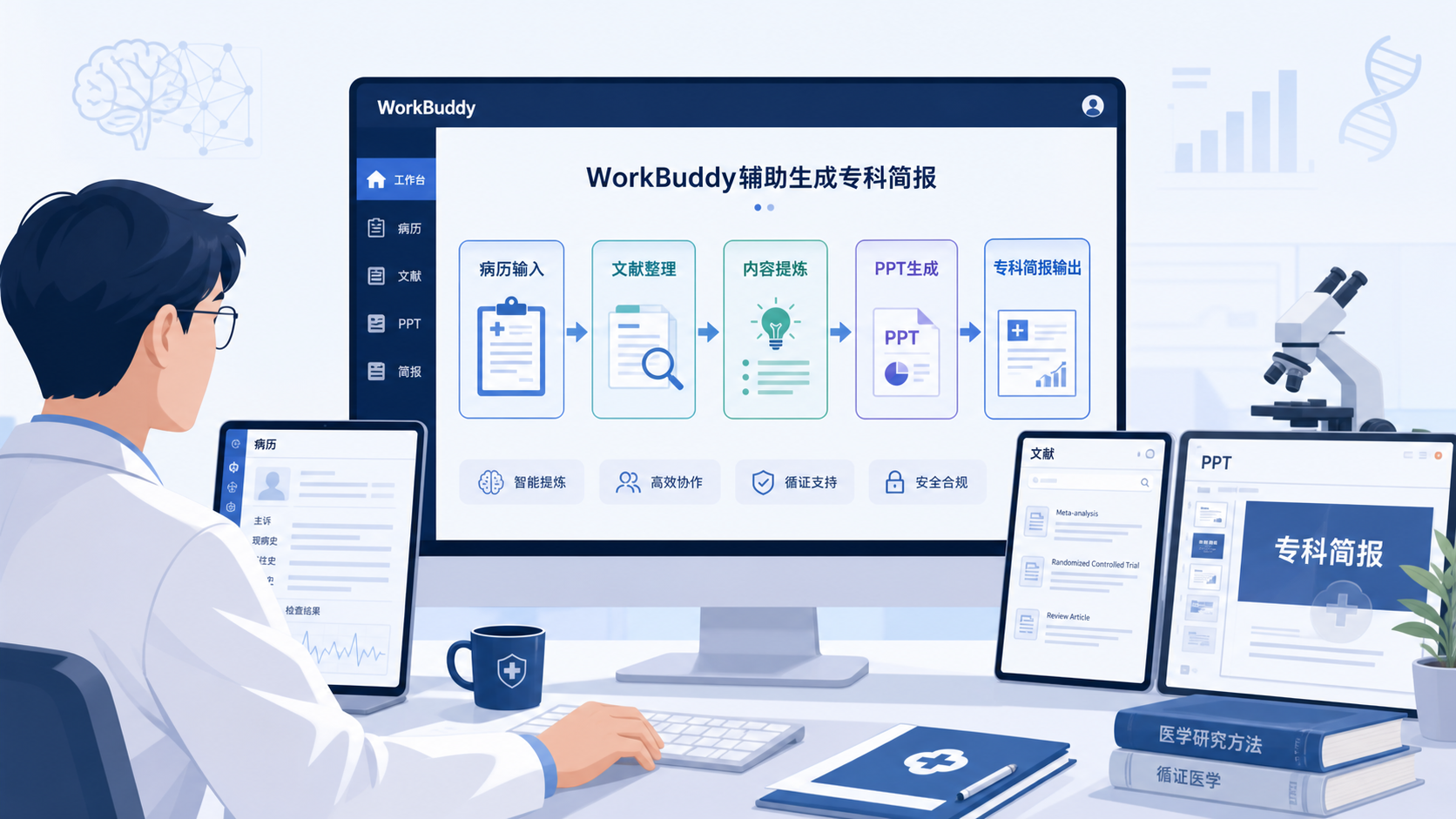 一位医生在电脑前同时查看病历、文献和PPT,屏幕上展示WorkBuddy辅助生成专科简报的流程示意图。