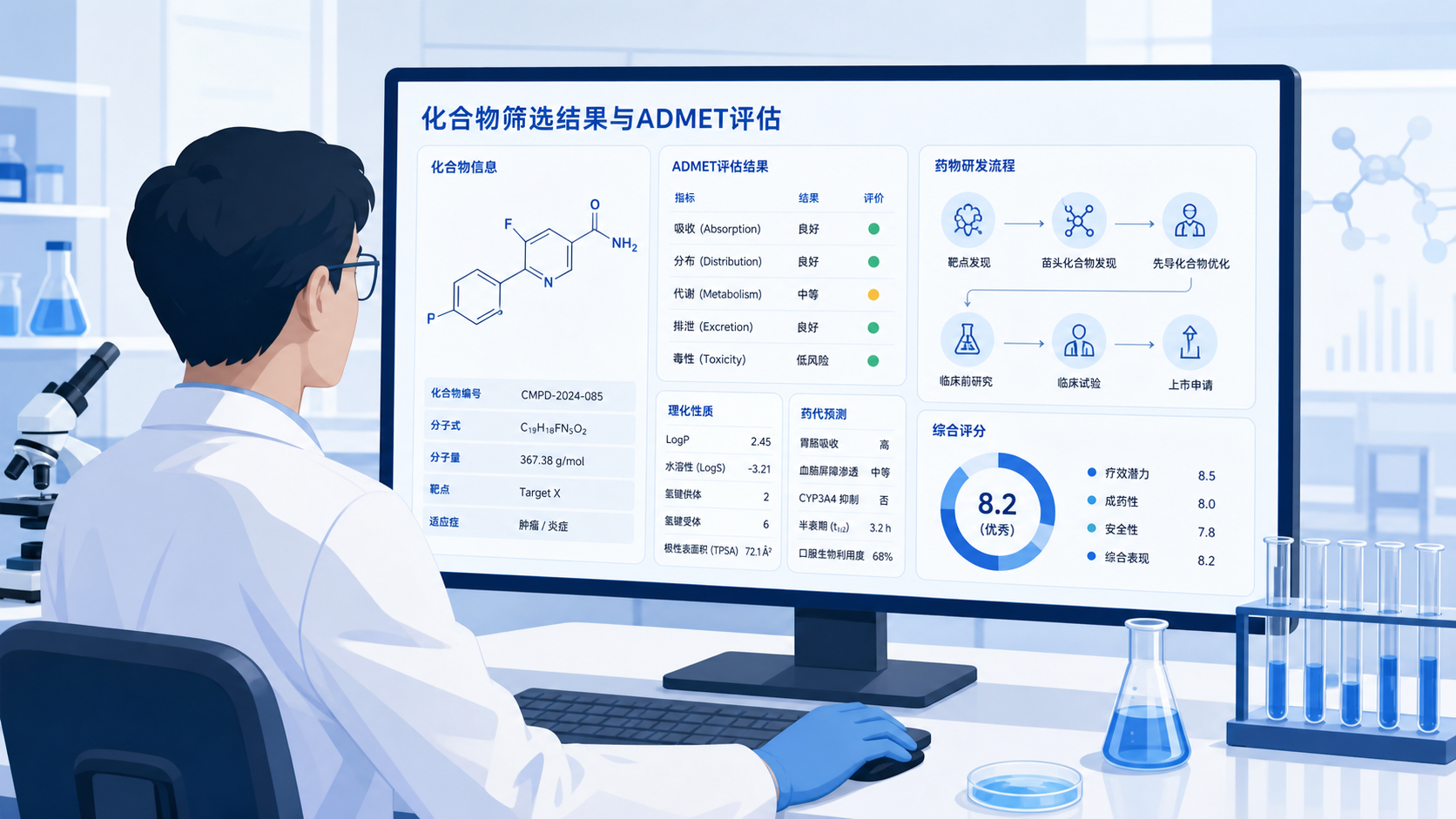 实验室科研人员在电脑前查看化合物筛选结果，屏幕上显示ADMET指标、分子结构和药物研发流程图，整体风格专业、简洁。
