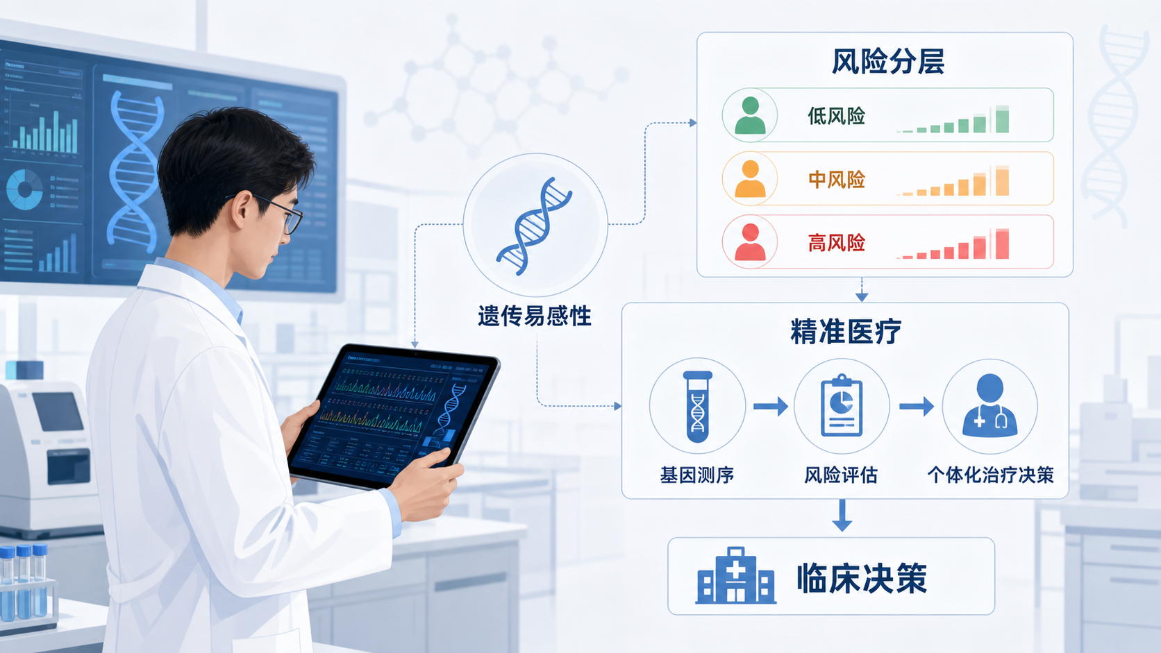 医生在实验室查看基因测序结果,旁边叠加疾病风险分层、精准医疗流程图,突出遗传易感性与临床决策的关联