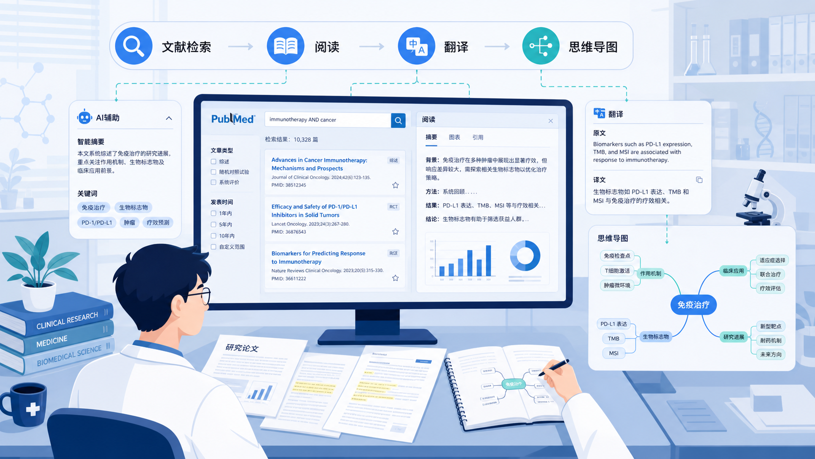 一位医学生或科研人员面对多篇文献、数据表和AI工作站界面,画面突出“文献检索、阅读、翻译、思维导图、PPT生成”的科研工作流