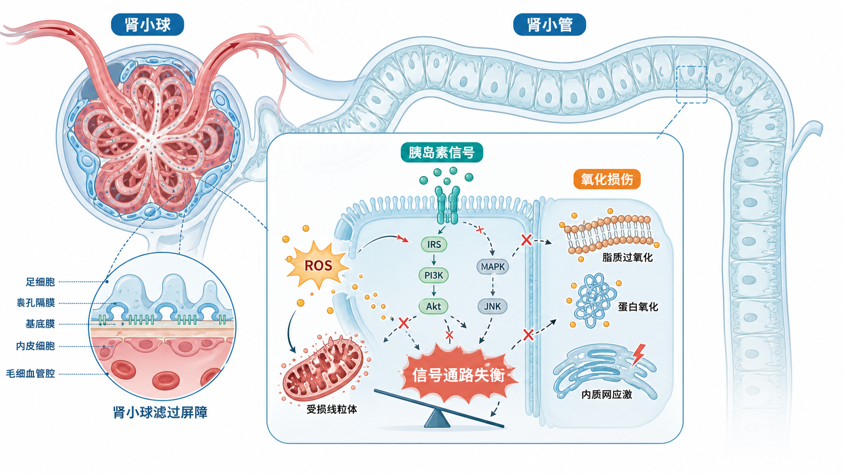 糖尿病肾小球与肾小管的示意图,叠加ROS自由基、胰岛素信号分子和氧化损伤标记,强调“信号通路失衡”主题
