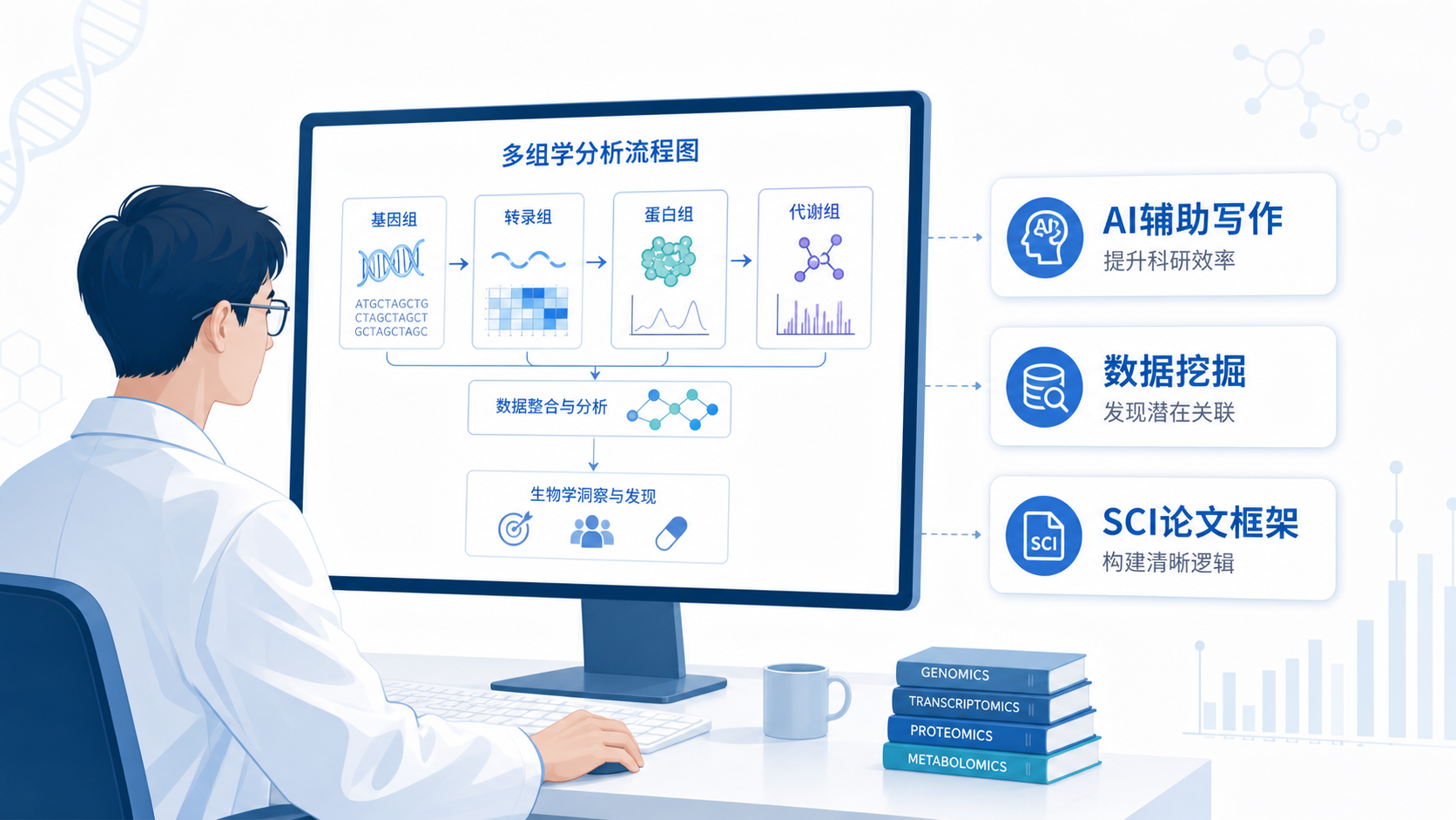 一位科研人员在电脑前查看多组学分析流程图,旁边叠加AI辅助写作、数据挖掘、SCI论文框架等关键词标签,整体风格专业、简洁。