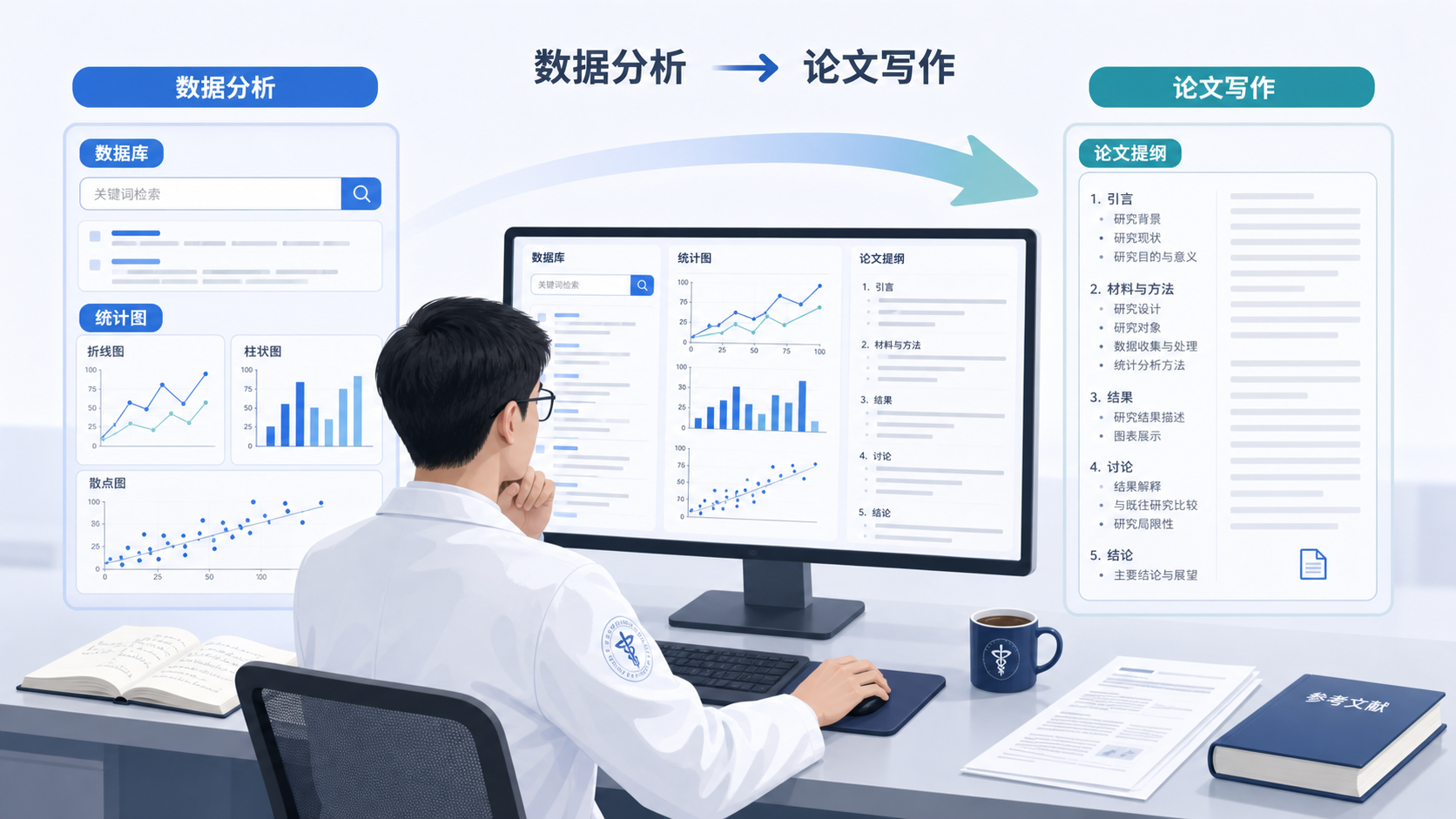 科研人员在电脑前同时查看数据库、统计图和论文提纲,画面突出“数据分析到论文写作”的转换过程。
