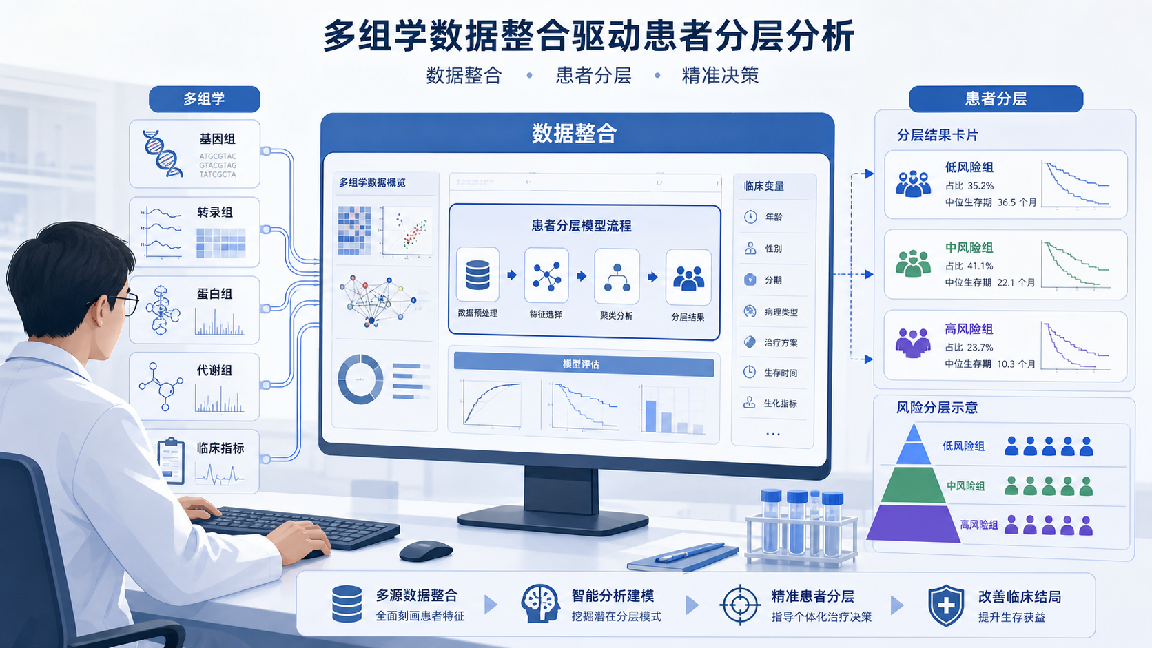 医学科研人员在电脑前整合多组学数据、临床变量和分层模型流程图，画面突出“数据整合”和“患者分层”两个关键词。