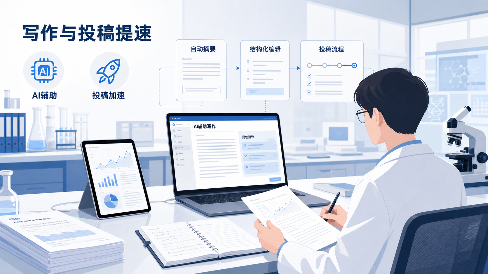 医技诊断研究场景图,包含实验台、数据曲线、论文稿件和AI辅助界面,强调“写作与投稿提速”