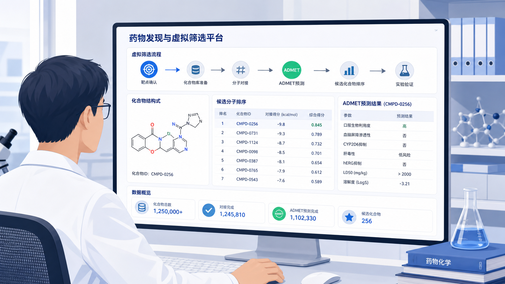 科研人员在电脑前查看药物筛选流程图,屏幕上展示化合物结构、ADMET参数和候选分子排序界面。