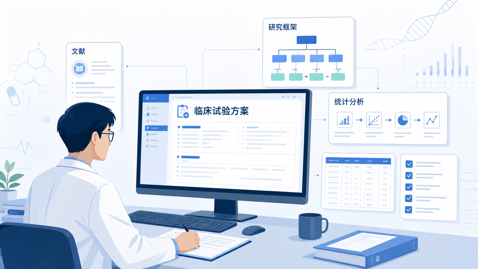 科研人员在电脑前整理临床试验方案，旁边显示文献、方案框架和统计分析流程图的专业工作场景