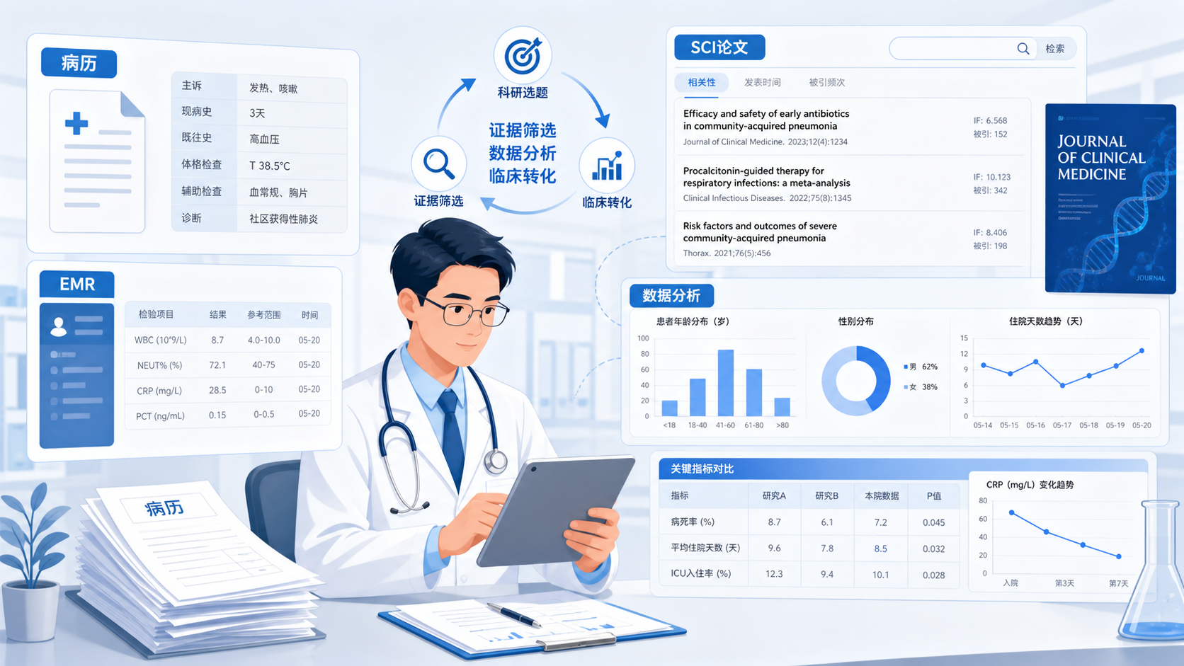 一位临床医生在病历、电子病历系统和SCI论文之间进行选题筛选，旁边有数据表格、统计图和期刊封面元素，突出“回顾性研究选题”的决策场景。