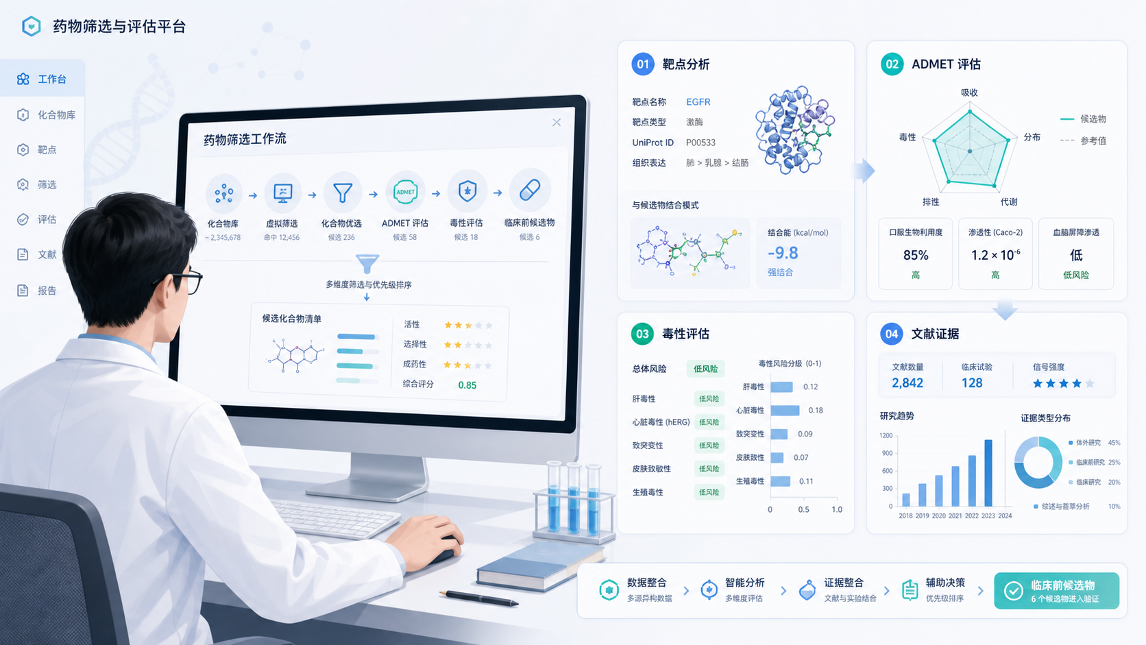 科研人员在电脑前查看药物筛选流程图,旁边展示靶点、ADMET、毒性和文献证据的多模块分析界面。
