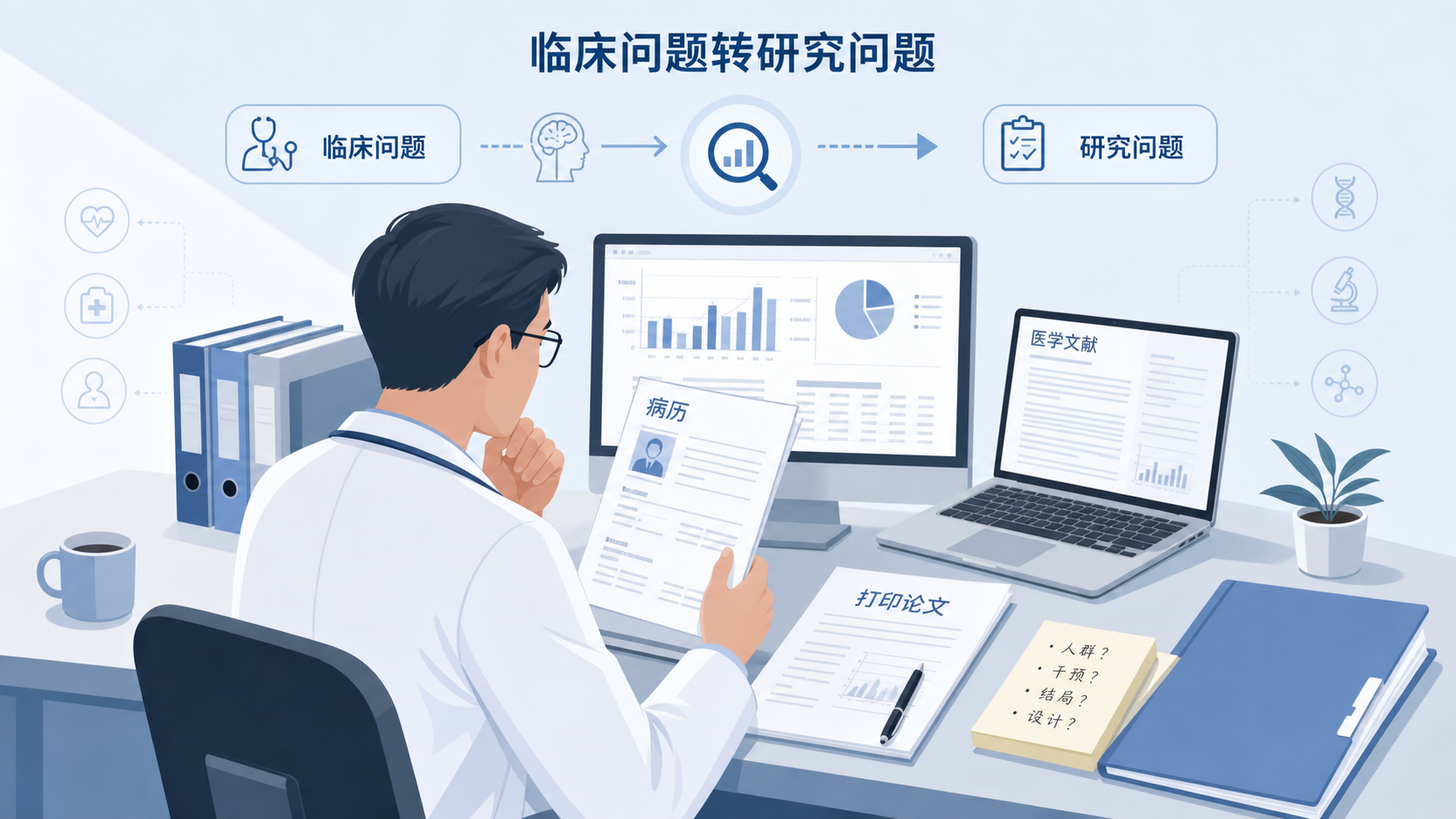 一位临床医生在办公室里同时查看病历、文献和统计图表，桌上有电脑、打印论文和便签，体现“临床问题转化为SCI写作”的场景