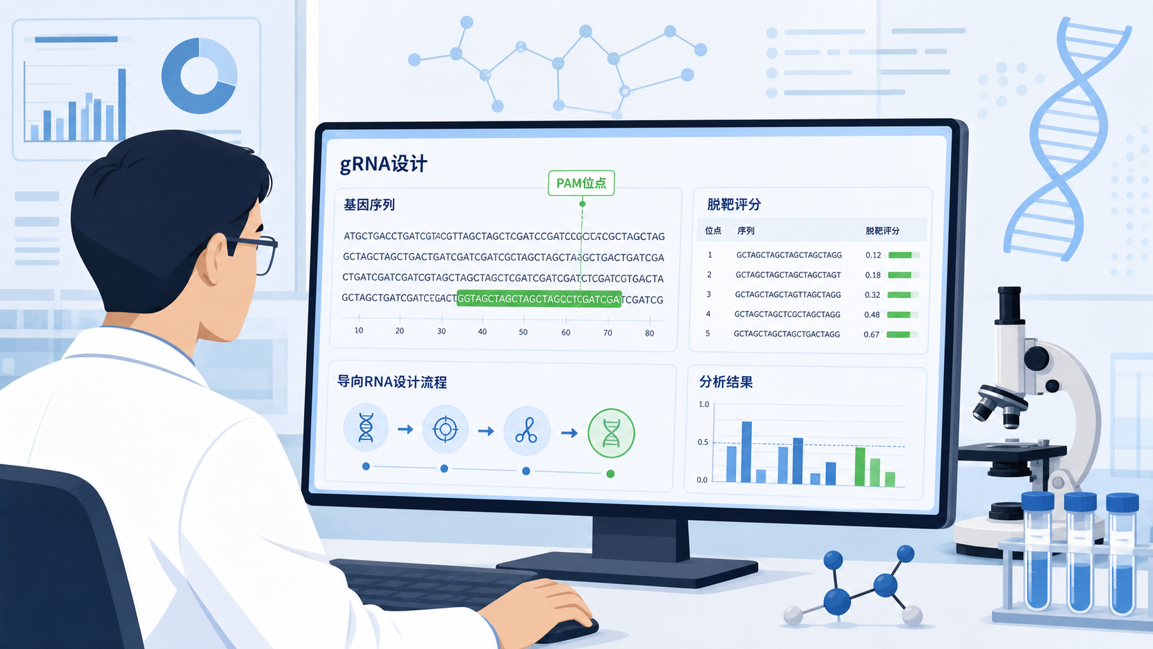 实验人员在电脑前使用智能平台进行gRNA设计,屏幕上显示基因序列、PAM位点和脱靶评分界面