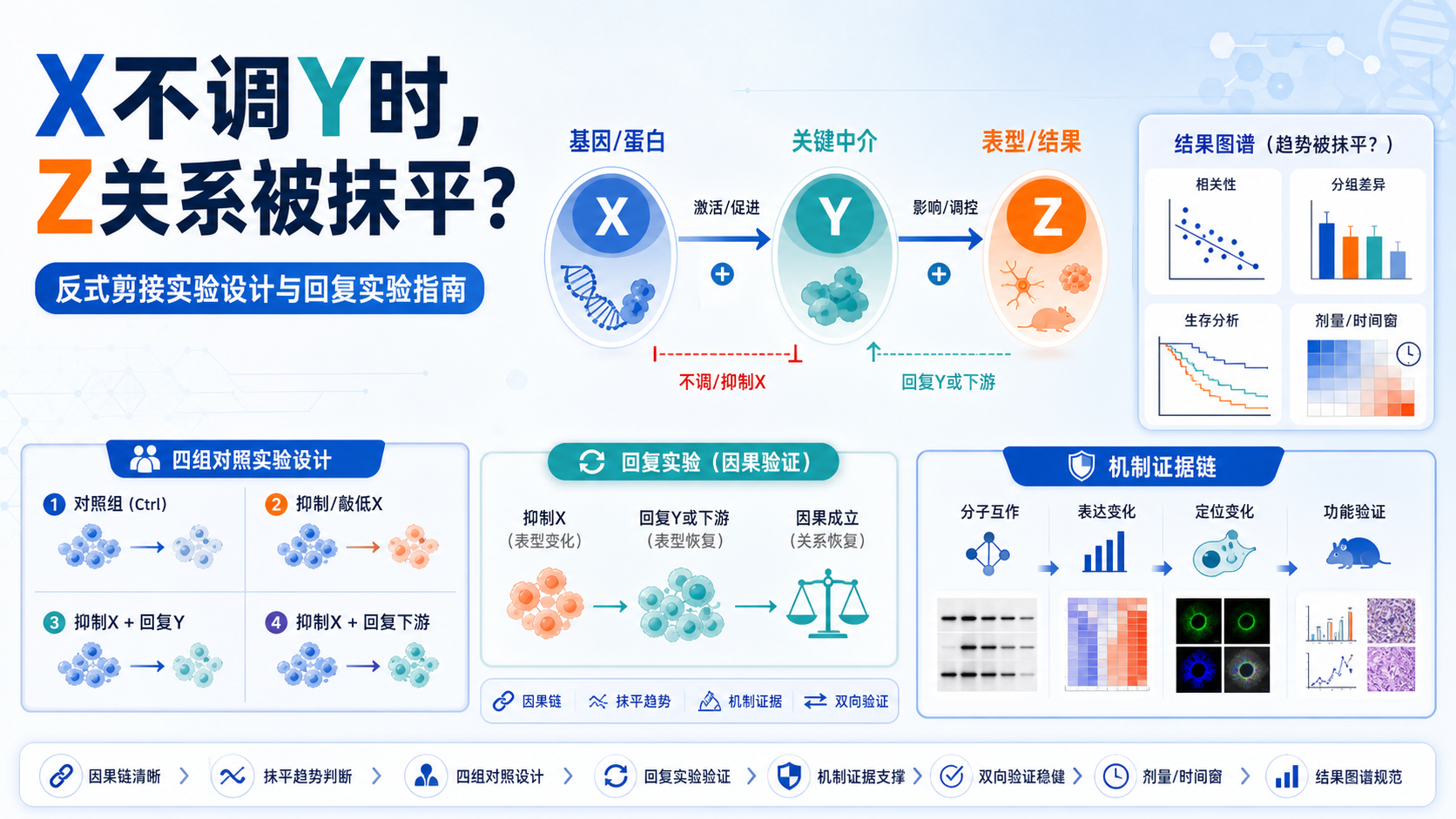 反式剪接验证：X不调Y时Z关系被抹平的实验策略