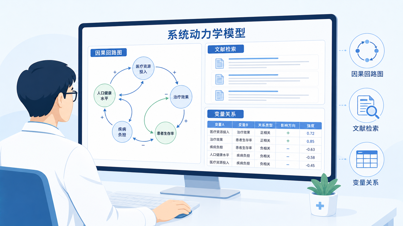 科研人员在电脑前使用AI工作台整理系统动力学模型,屏幕上展示因果回路图、文献检索结果和变量关系表
