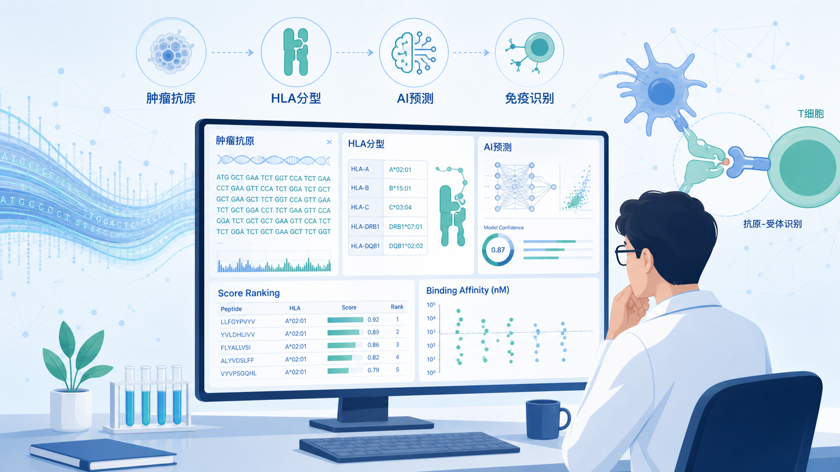 科研人员在电脑前分析肿瘤抗原序列、HLA分型与AI预测结果的示意图,背景包含数据流和免疫细胞元素