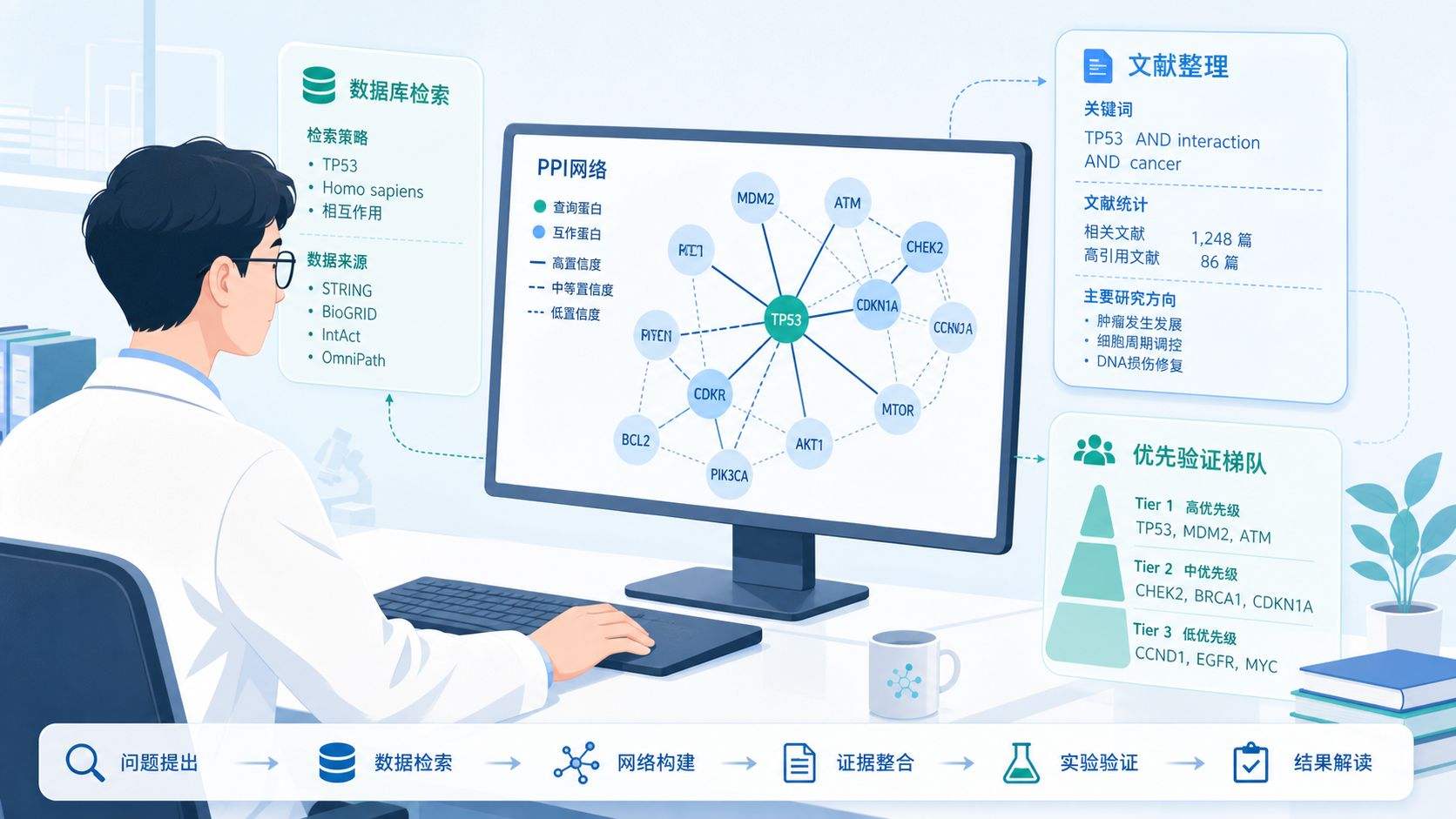 一位科研人员在电脑前查看蛋白互作网络图，旁边叠加数据库检索、文献整理、优先验证梯队等信息卡片