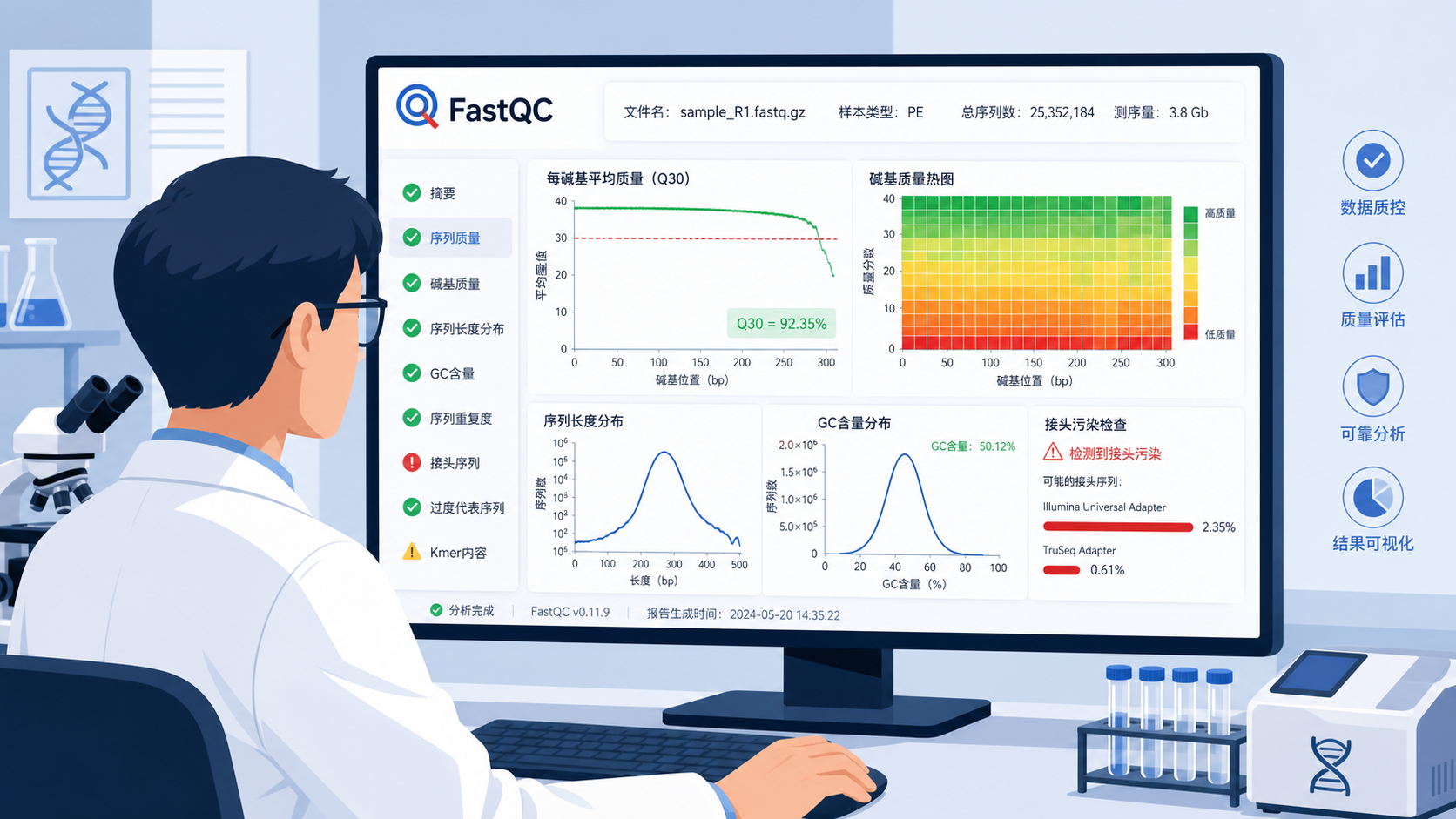 实验室研究人员在电脑前查看FASTQ质控报告,屏幕展示FastQC的Q30曲线、碱基质量热图和接头污染图