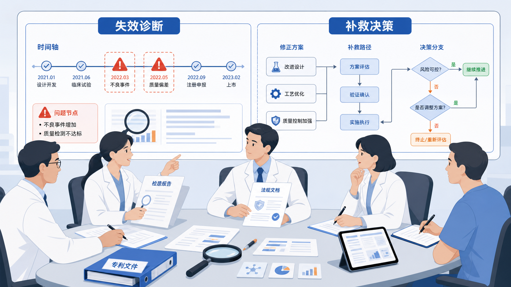 医生、科研人员在会议桌前查看专利文件、检索报告和时间轴,画面突出“失效诊断”和“补救决策”场景
