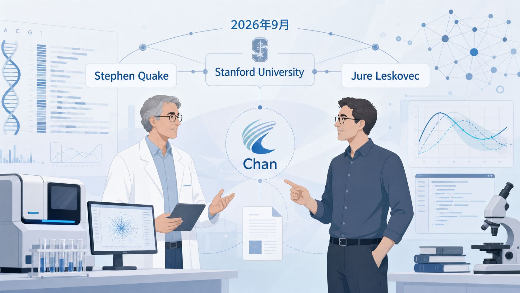 2026年9月，斯坦福大学Stephen Quake与Jure Leskovec团队联合Chan Zuckerberg Initiative（CZI）在《自然》与《科学》背靠背发表两项成果：通用细胞嵌入（Universal Cell Embedding, UCE）与生成式细胞基础模型TranscriptFormer。前者把来自不同实验室、组织甚至物种的细胞映射到统一的数学空间；后者以1.12亿个细胞、12个物种、跨越15.3亿年进化的基因表达数据训练，像"细胞界的ChatGPT"一样学习跨物种通用的细胞"语言"。团队称这标志着一个全新领域的开端，并为疾病研究、跨物种比较与细胞治疗设计带来新工具。
