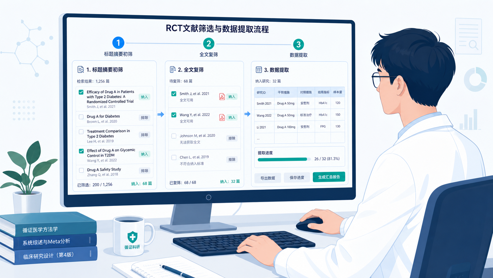 医学生或研究者在电脑前进行RCT文献筛选，屏幕上展示标题摘要初筛、全文复筛和数据提取表格界面，体现高效与严谨并存。