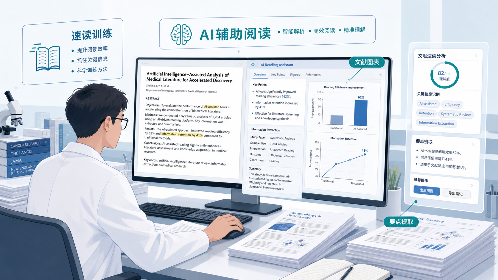 一位医学科研人员面对堆叠的英文文献和电脑屏幕,屏幕上显示论文图表与AI辅助阅读界面,突出“速读训练”和“效率提升”的科研场景