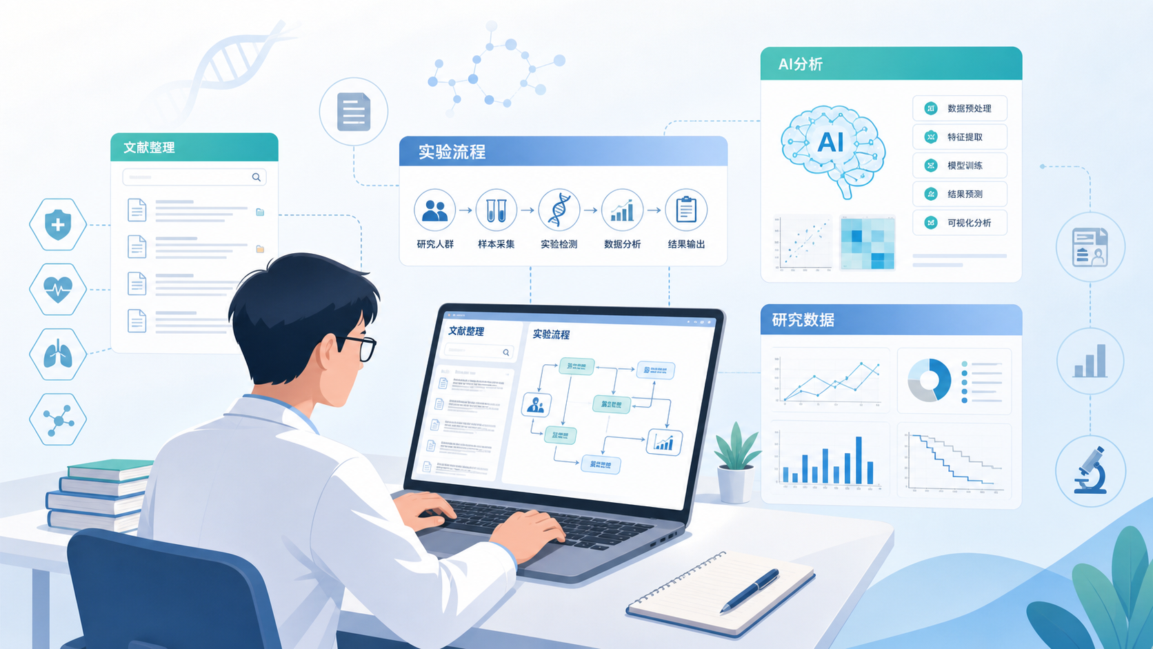 科研人员在电脑前整理文献、绘制实验流程图,旁边叠加AI辅助分析界面和医学研究图表元素