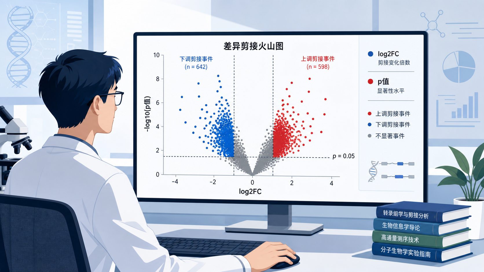 科研人员在电脑前查看差异剪接火山图,图中红蓝灰三色点清晰分区,旁边标注阈值log2FC和p值。