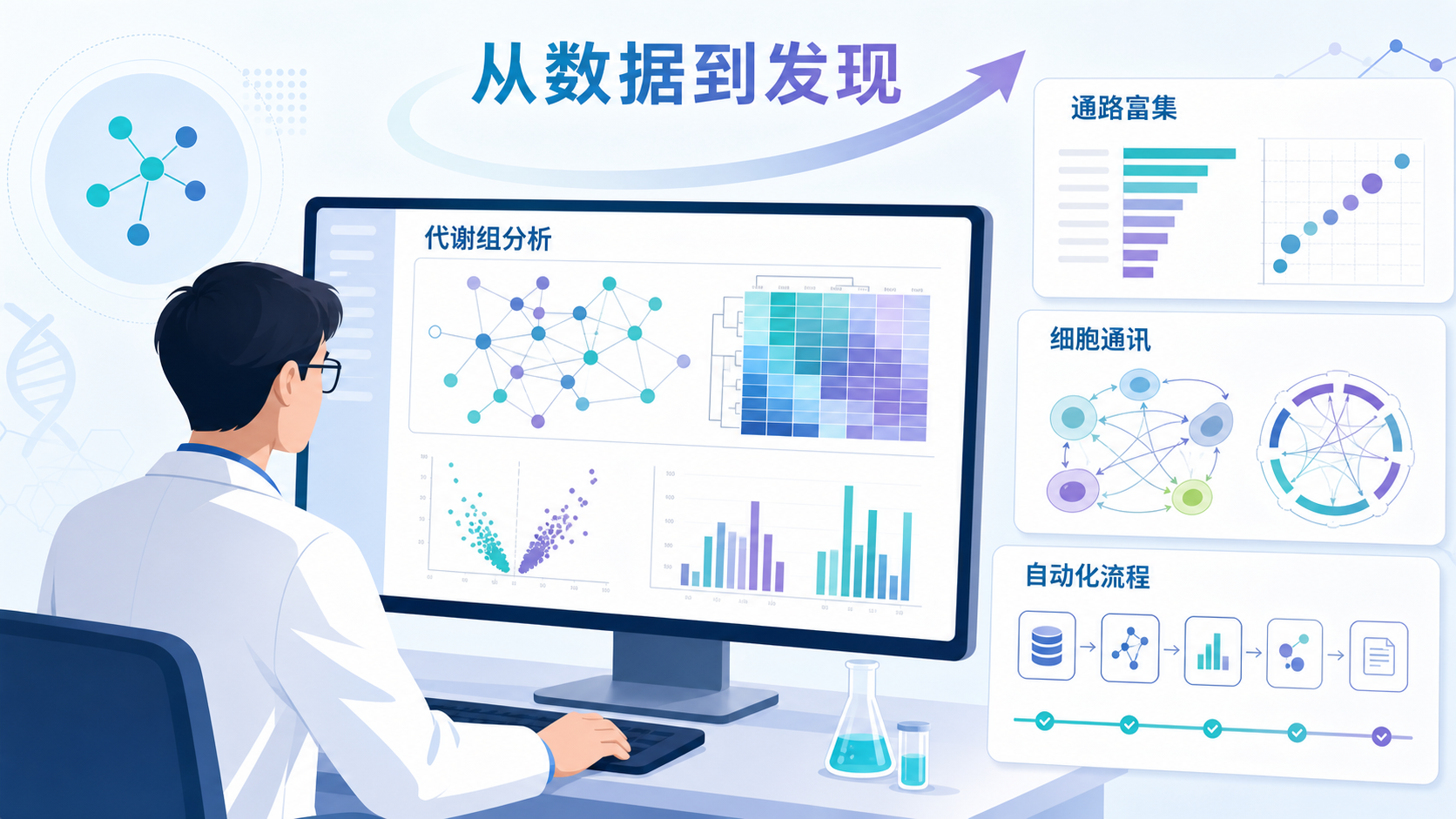 医学科研人员在电脑前查看代谢组数据网络图，旁边叠加通路富集、细胞通讯和流程自动化界面，突出“从数据到网络发现”的科研场景。