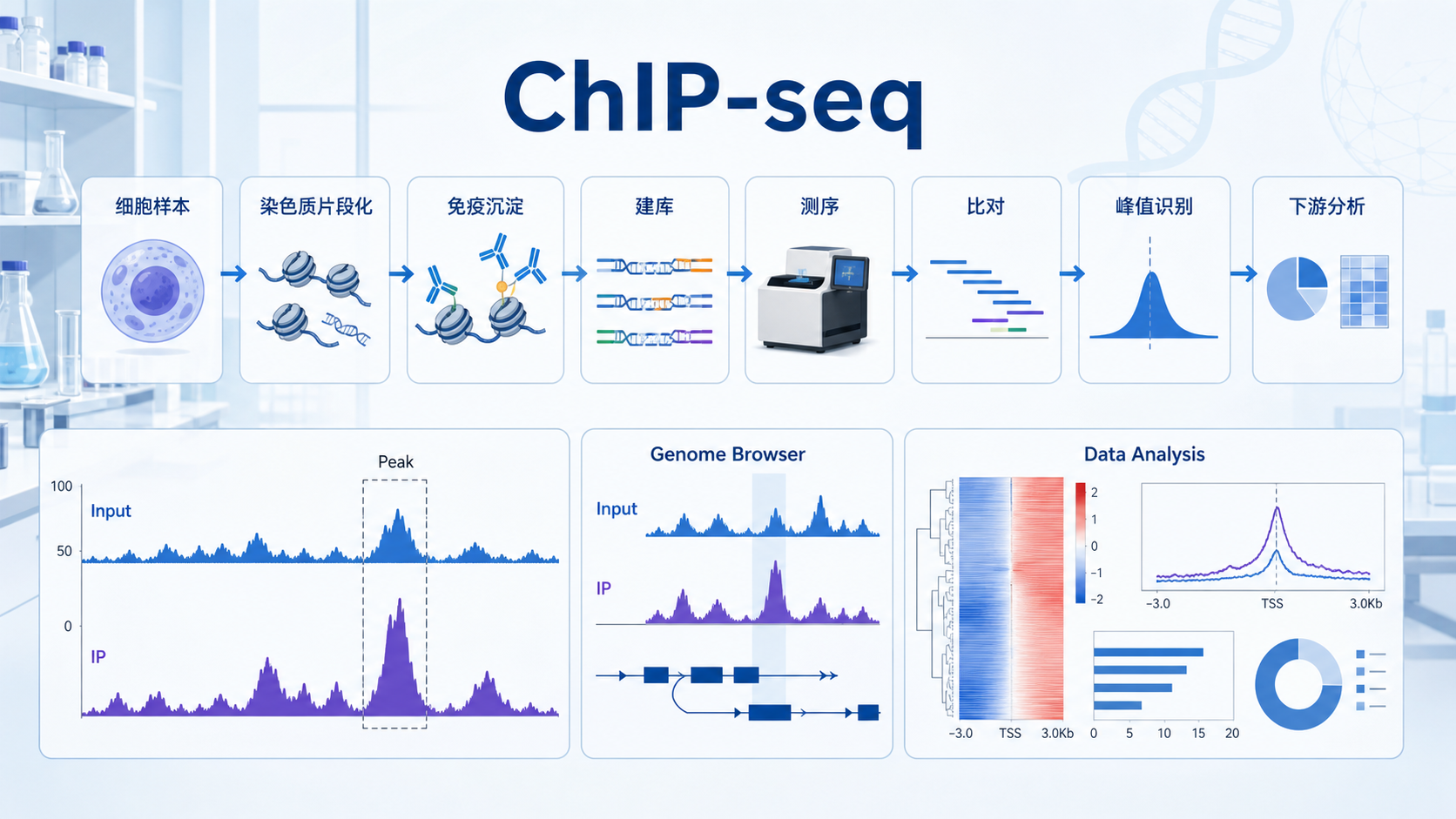 一张实验室场景图，包含ChIP-seq数据流程示意图、峰图、基因组浏览器轨道和可视化面板，突出“从数据到图”的分析路径