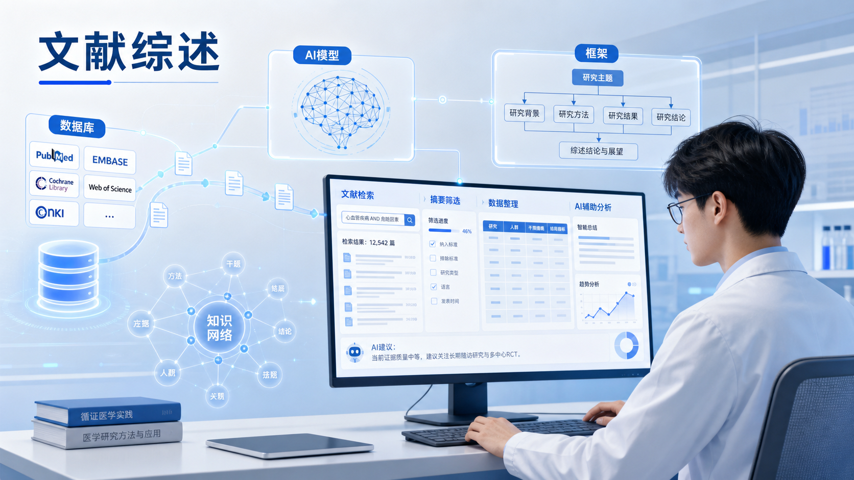 一位医学生或科研人员在电脑前处理大量文献，旁边叠加AI模型、数据库、综述框架等视觉元素，突出“文献整合”和“效率提升”场景。
