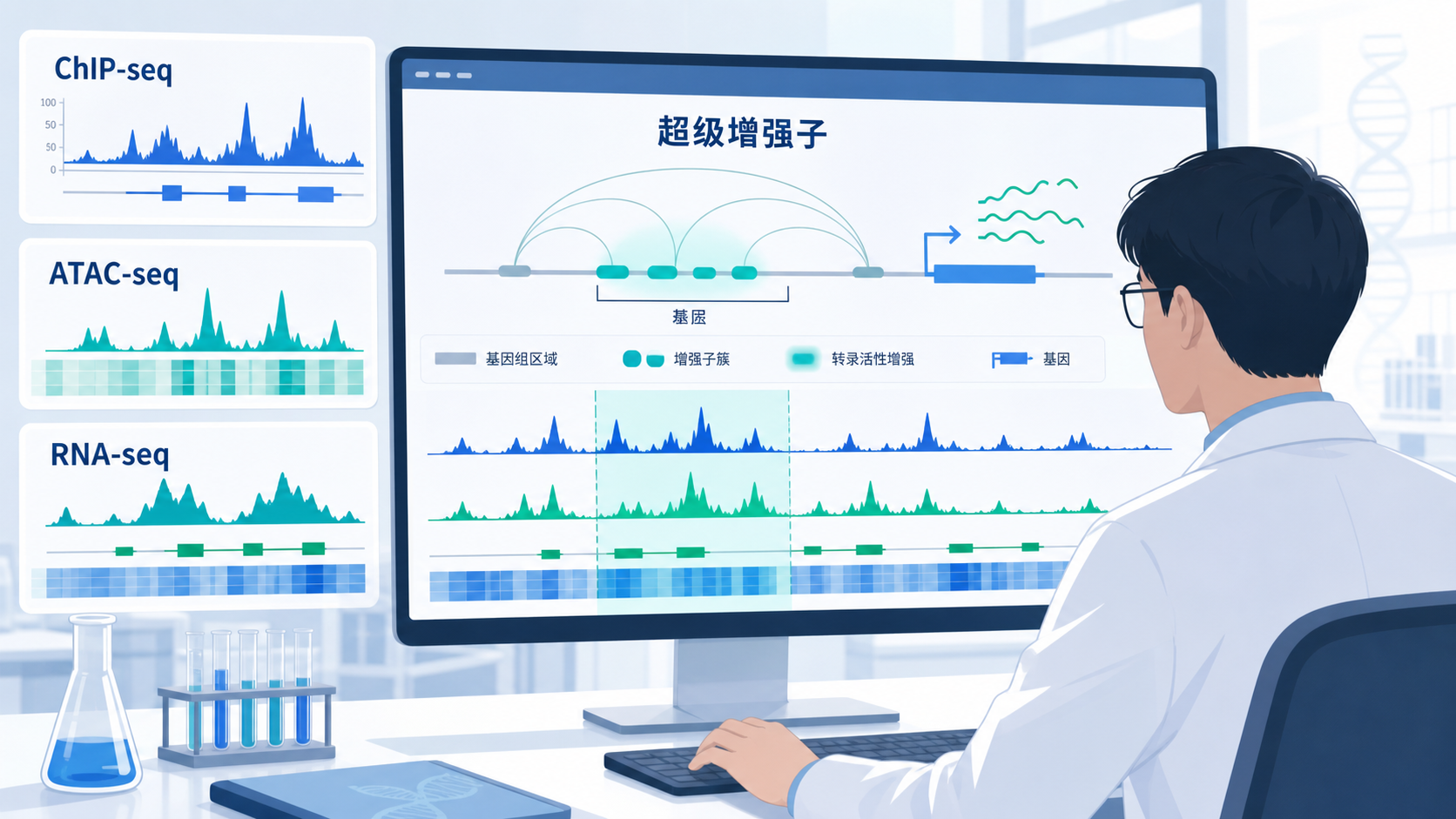 科研人员在电脑前整合ChIP-seq、ATAC-seq和RNA-seq数据，屏幕上显示超级增强子峰图与基因调控网络示意图
