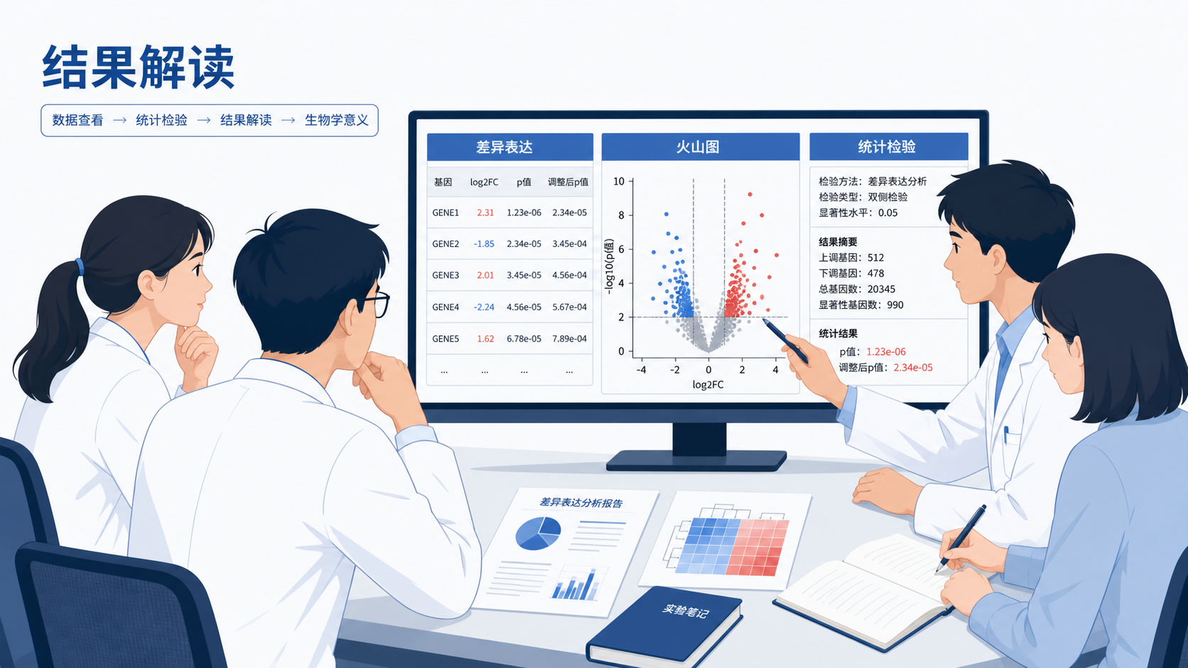 医学生和科研人员在电脑前查看差异表达结果表格、火山图和统计检验窗口,突出“结果解读流程”这一场景