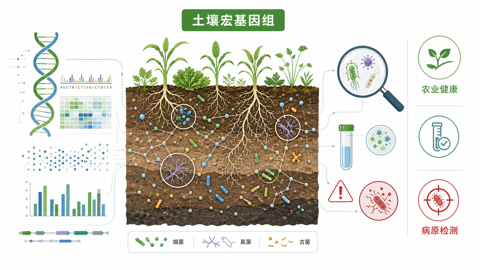 一张土壤剖面与微生物群落示意图,叠加测序数据、作物根系和病原检测图标,体现土壤宏基因组与农业健康、生物安全的关联。