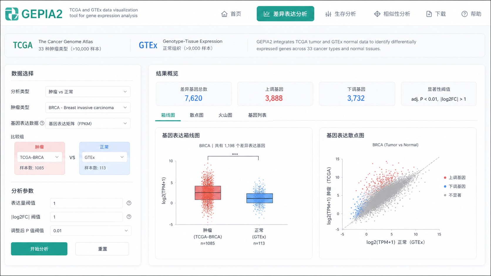 一张GEPIA2网页界面截图，突出差异表达分析入口、TCGA与GTEx数据来源，以及肿瘤正常比较示意图。