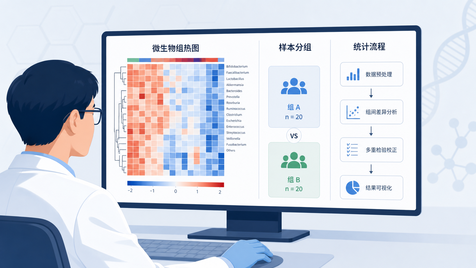 医学科研人员在电脑前查看微生物组丰度热图、样本分组和统计流程示意图,画面风格专业、简洁。