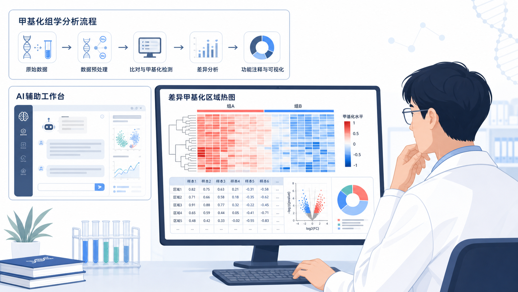 科研人员在电脑前查看甲基化组学数据分析流程图，旁边展示AI辅助工作台界面与差异甲基化区域结果热图