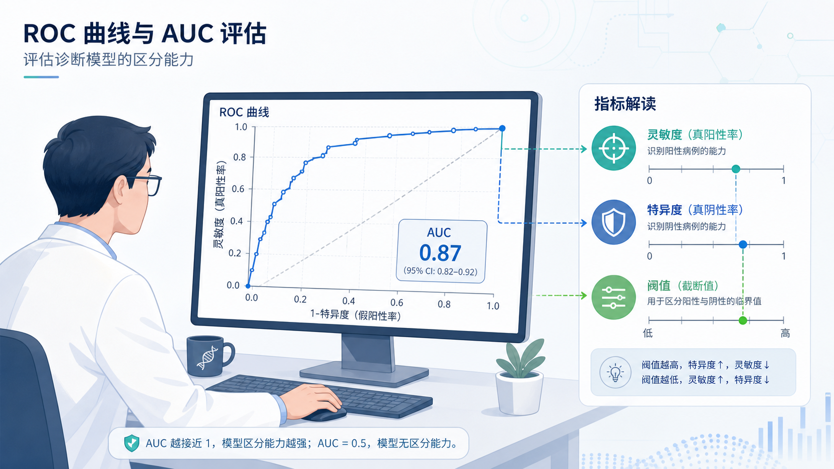 临床研究者在电脑前查看ROC曲线和AUC结果，旁边标注灵敏度、特异度、阈值的示意图